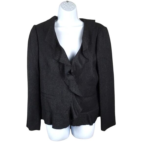 J. Crew Blazer Jacket Dark Grey Ruffle Front 100% Wool Long Sleeve Women's 8 - Picture 1 of 11